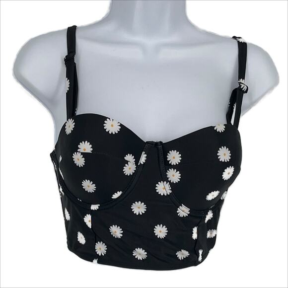 Bikini Top Contoured in Daisy Print on Black Size Medium - Picture 3 of 5